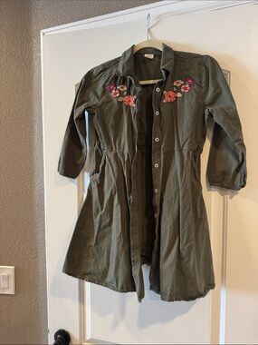wonder nation Olive Green Button-Front Dress with Pink Floral Embroidery